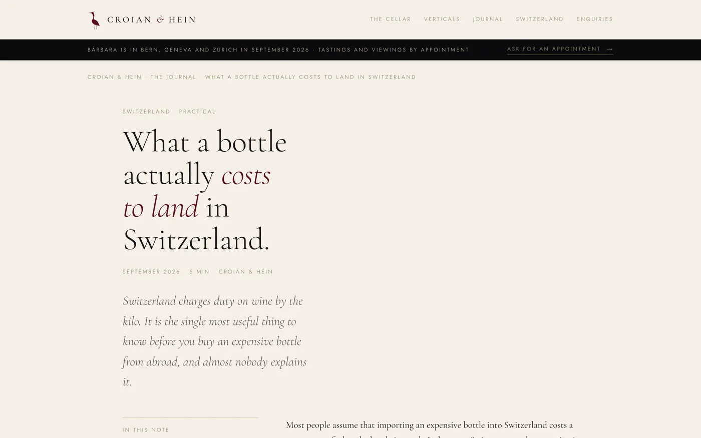 Artículo del Journal sobre importar vino a Suiza