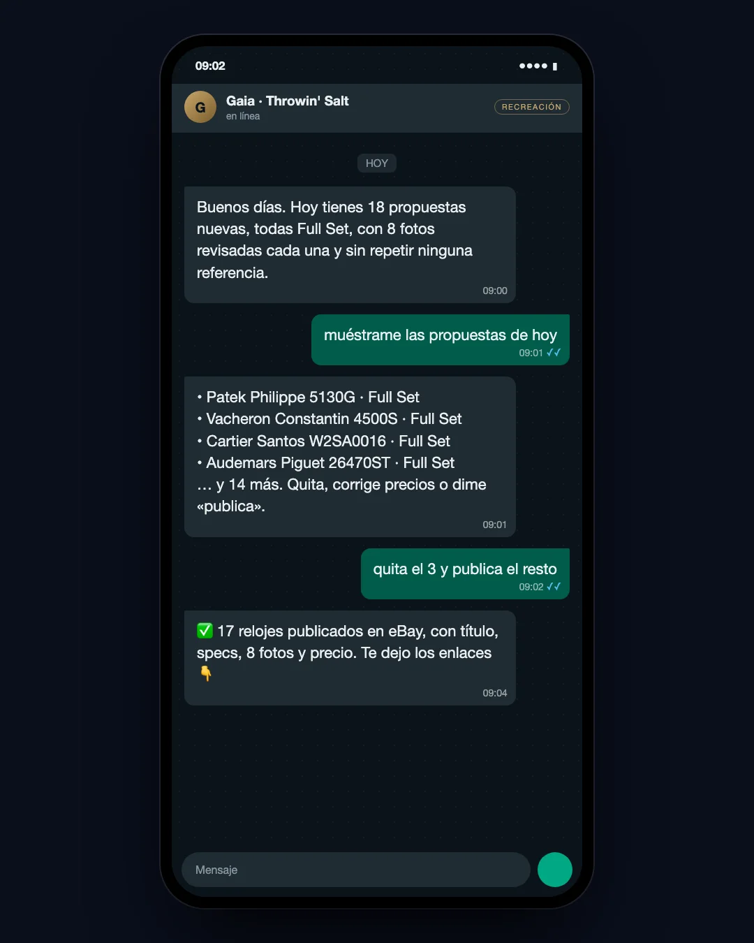Recreation of the team's WhatsApp chat with Gaia